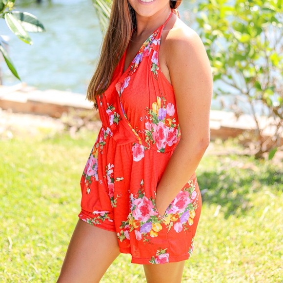 Orange Floral Halter V Neck Romper - Picture 3 of 4